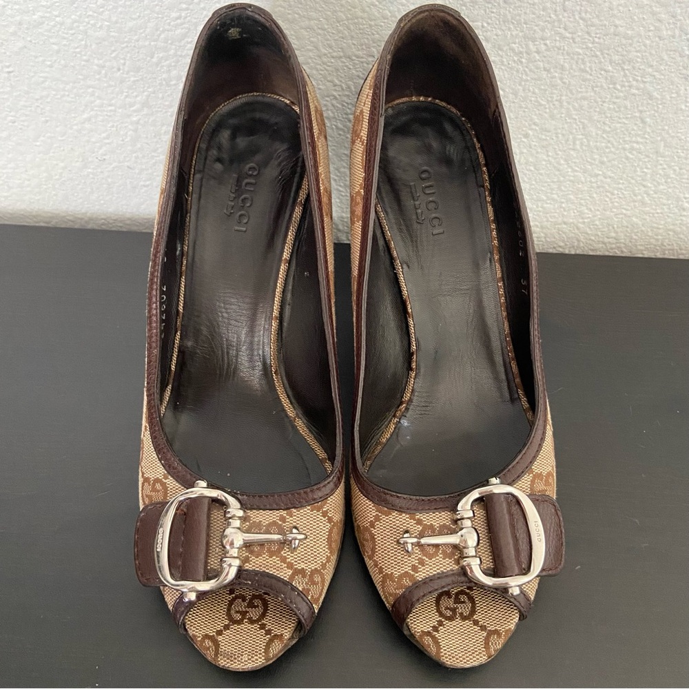 Gucci Monogram Peep-Toe Heels Brown Leather Canvas - Picture 3 of 11